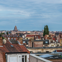 Jette, Brussels / Belgium: 08 20 2018: Ultra wide panorama of residential areas of Laeken, Jette, Molenbeek and the city center