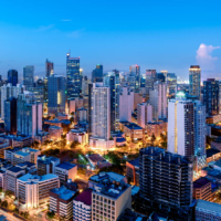 Eleveted, night view of Makati, the business district of Metro Manila.