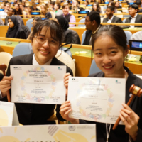 Shibuya Senior High School students receive U.N. Secretary-General’s Awards at the Global Classrooms International High School Model United Nations Conference at U.N. headquarters in New York in April. | SHIBUYA JUNIOR AND SENIOR HIGH SCHOOL