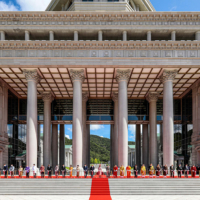 Princess Maha Chakri Sirindhorn of Thailand (center), members of the royal families of Bhutan and Cambodia, and officials from the World Buddhist Supreme Conference participate in the ribbon-cutting ceremony for the Nalanda Mahavihara monastery on Sept. 13 in Kato, Hyogo Prefecture. | THE BUDDHIST SUMMIT HEADQUARTERS