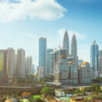 Open space balcony with Kuala Lumpur cityscape skyline view.