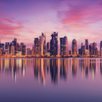 Doha, Qatar - October 14, 2020: The Panoramic skyline of Doha, Qatar during sunrise