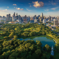 Lumpini park and Bangkok city building view from roof top bar on hotel, Bangkok, Thailand