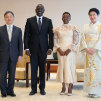 The imperial couple pose with Kenyan President William Ruto and his wife, Rachel, at the Imperial Palace on Feb. 9. | POOL PHOTO / KYODO