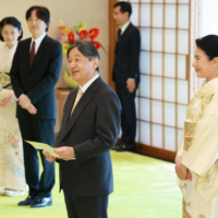 Emperor Naruhito addresses leaders of the Association of Southeast Asian Nations and their spouses at the Imperial Palace on Dec. 18 as Crown Princess Kiko, Crown Prince Fumihito and Empress Masako look on. | POOL PHOTO / KYODO