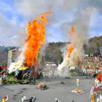 Spectacular orange pillars of fire soar into the sky at the Agon Shu Fire Rites Festival in Kyoto on Feb. 11. Some 18 million gomagi (prayer sticks) were burned this year.