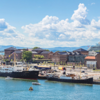 OSLO, NORWAY - JULY 29: The Oslo Norway Harbor is one of Oslo's great attractions. Situated on the Oslo Fjord in Oslo, Norway on July 29, 2014