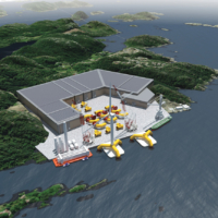 Artist rendering of the Ocean Ventus factory for floating offshore wind turbines