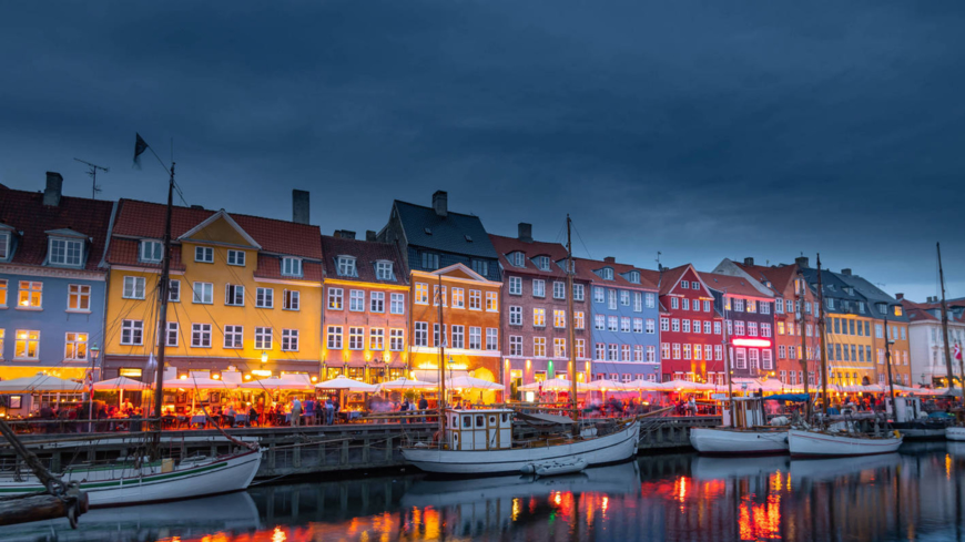 Beautiful Nyhavn at night in Copenhagen city in Denmark