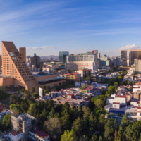 Sunset at Horacio Avenue near Polanco. Panoramuc aerial view near the Palacio de Hierro, you can see in the background the famous mall Antara, Mexico city