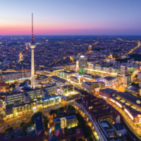 Berlin Skyline City Panorama with blue sky sunset and traffic - famous landmark in Berlin, Germany, Europe