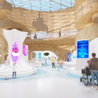 An artist’s rendering shows the interior of the Osaka Health Care Pavilion.