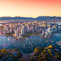 Beautiful aerial view of downtown Vancouver skyline, British Columbia, Canada at sunset