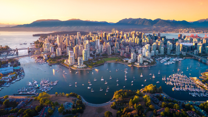 Beautiful aerial view of downtown Vancouver skyline, British Columbia, Canada at sunset