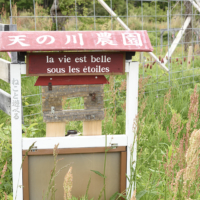 Above: A sign at Amanogawa Farm also bears a message in French that says: "Life is beautiful under the stars." | RYOICHI SHIMIZU