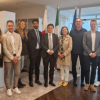A delegation from Italy’s Emilia-Romagna region poses at the ITA’s office during SusHiTech Tokyo in May. | ITA