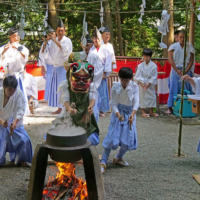 Performers take part in a Hakone-no-yutate shishimai dance in Miyagino.
