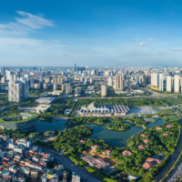 Hanoi, Vietnam 06,05,2024 Aerial skyline view of Hanoi city with modern building in Pham Hung street