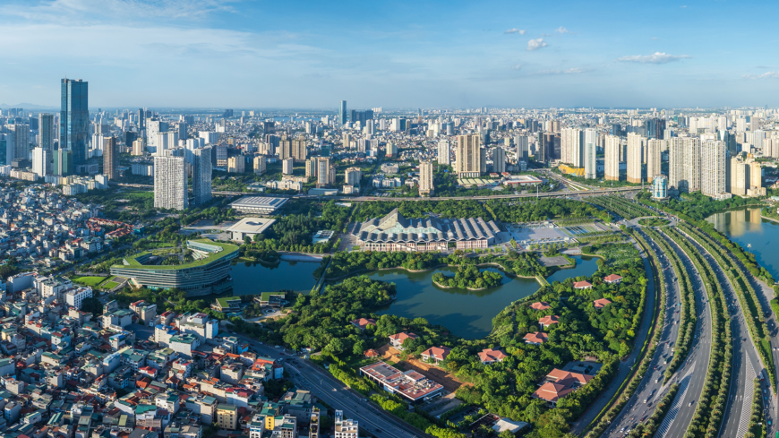 Hanoi, Vietnam 06,05,2024 Aerial skyline view of Hanoi city with modern building in Pham Hung street